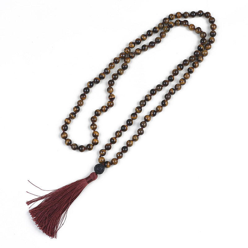 Tiger Eye Stone Long Tassel Necklace Dress With Simple Style
